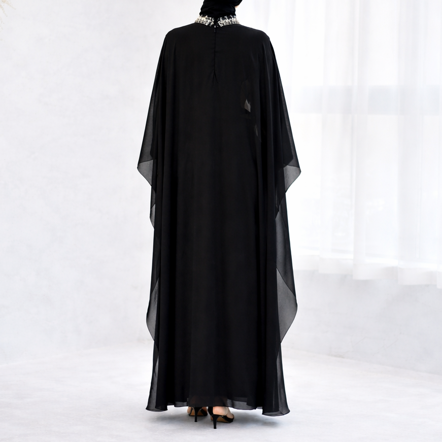 Asma Embellished Cape Dress - Black