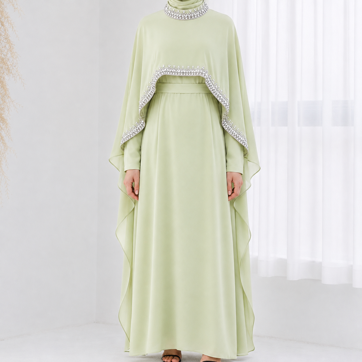 Asma Embellished Cape Dress