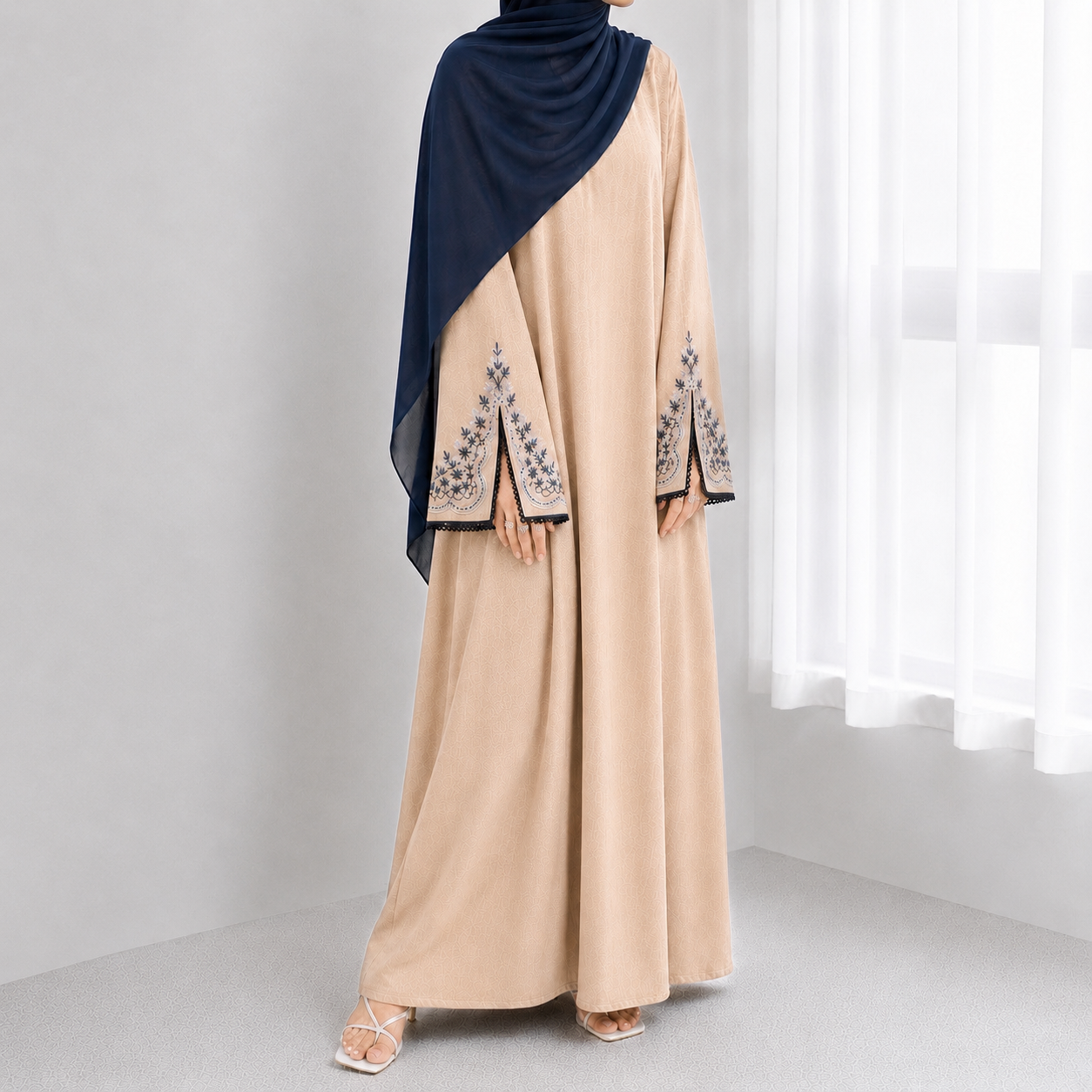 Embroidered Linen Abaya & Hijab Set