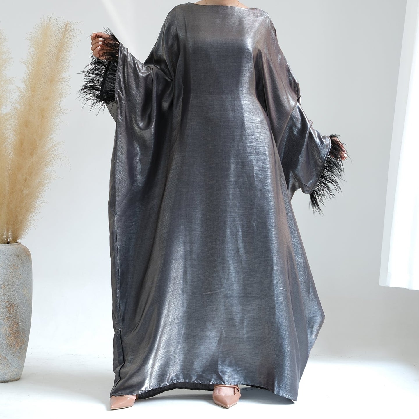 Shimmer Feather Butterfly Abaya - Grey
