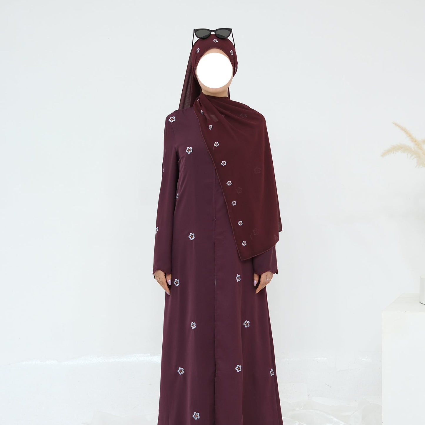 Floral Abaya & Hijab Set - Wine