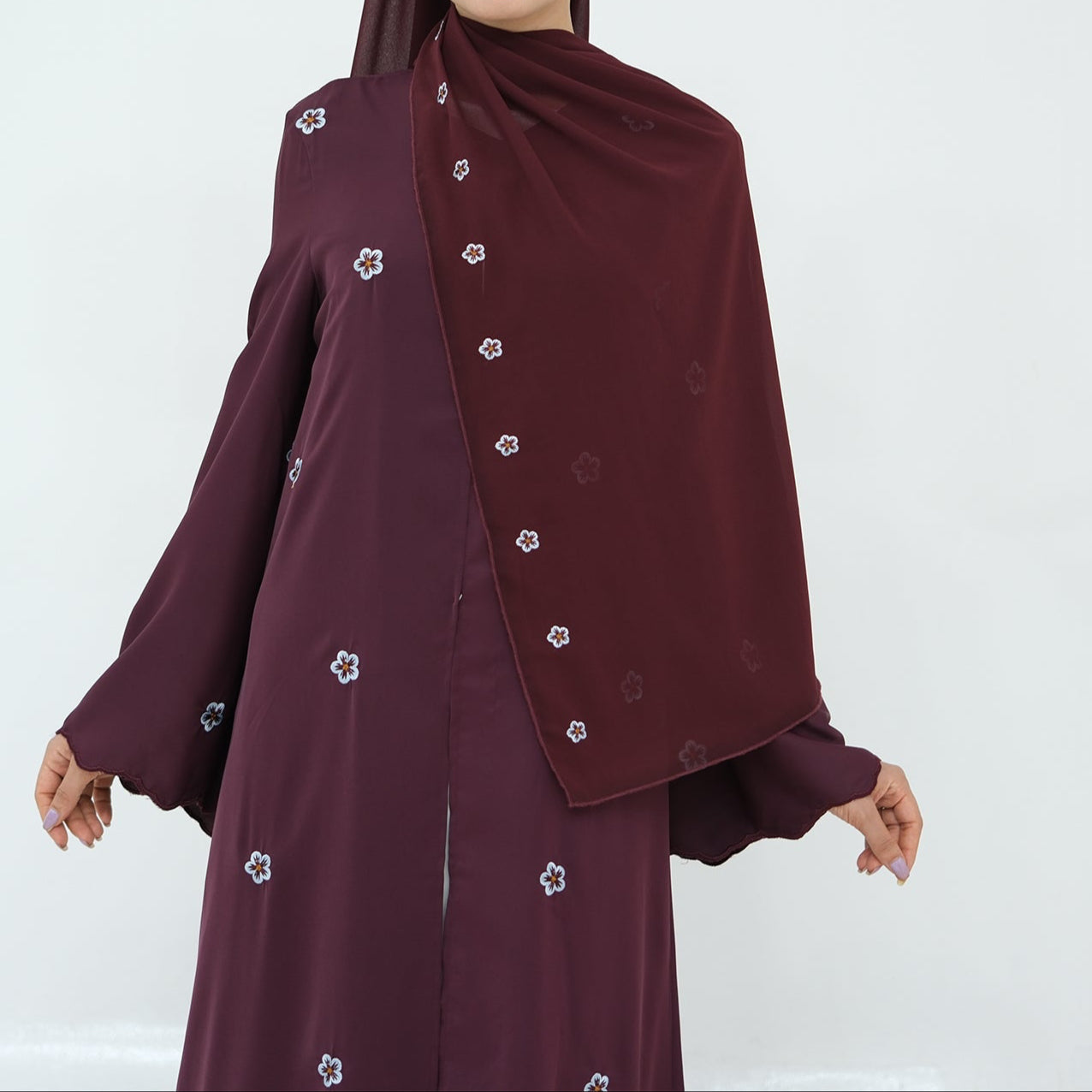 Floral Abaya & Hijab Set - Wine