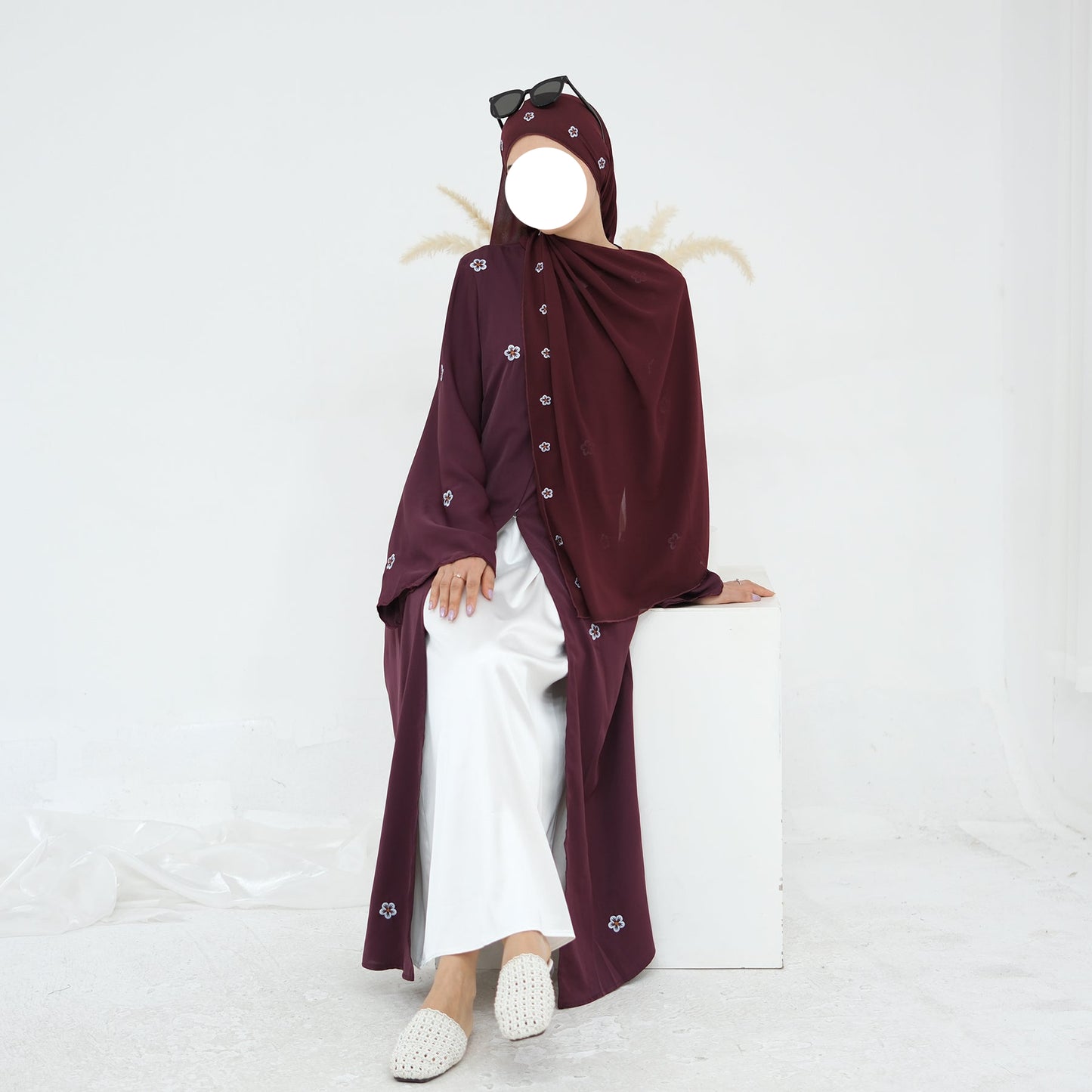 Floral Abaya & Hijab Set - Wine