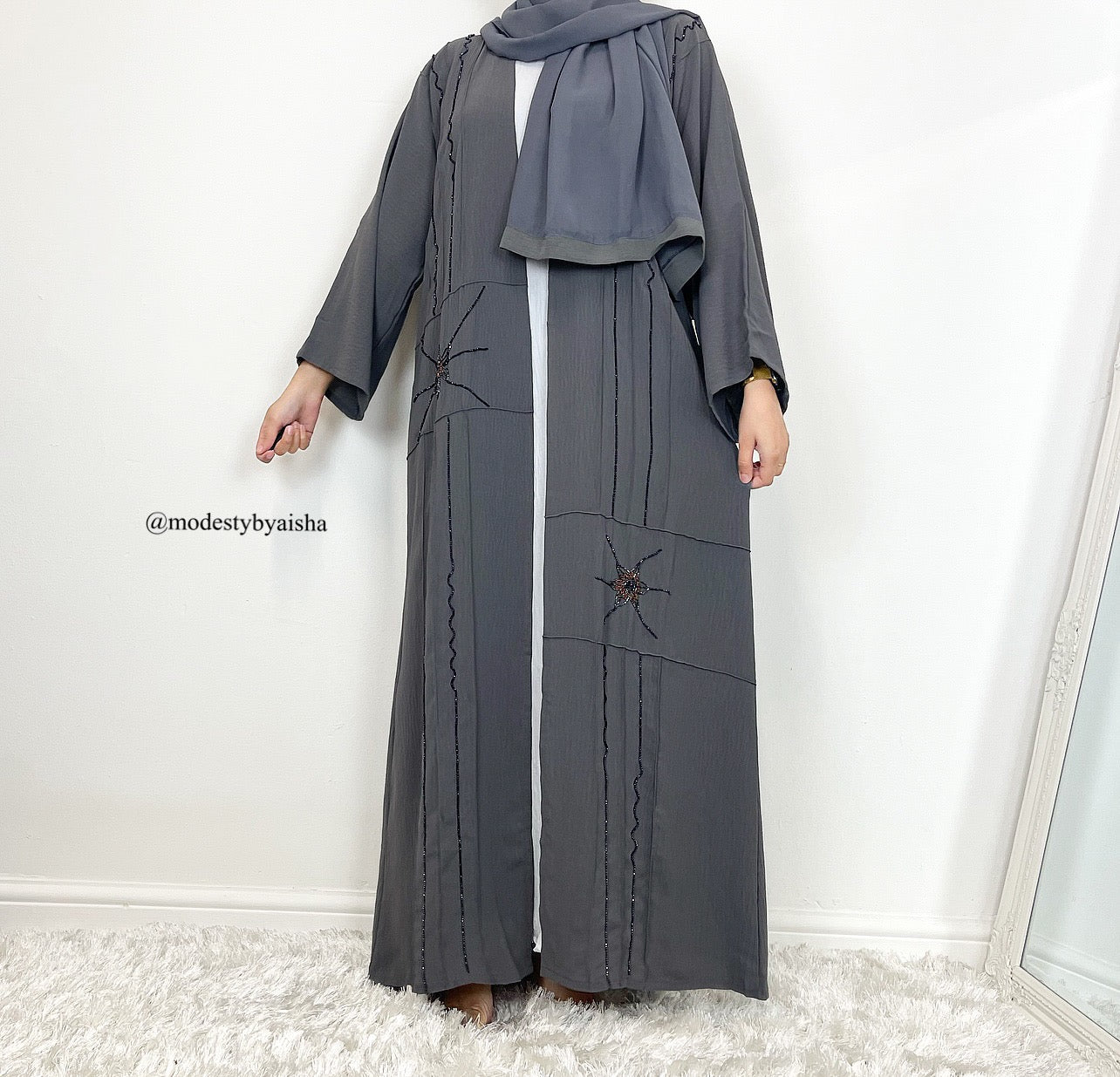 Soha Embellished Abaya -3 Piece Abaya Set - Grey