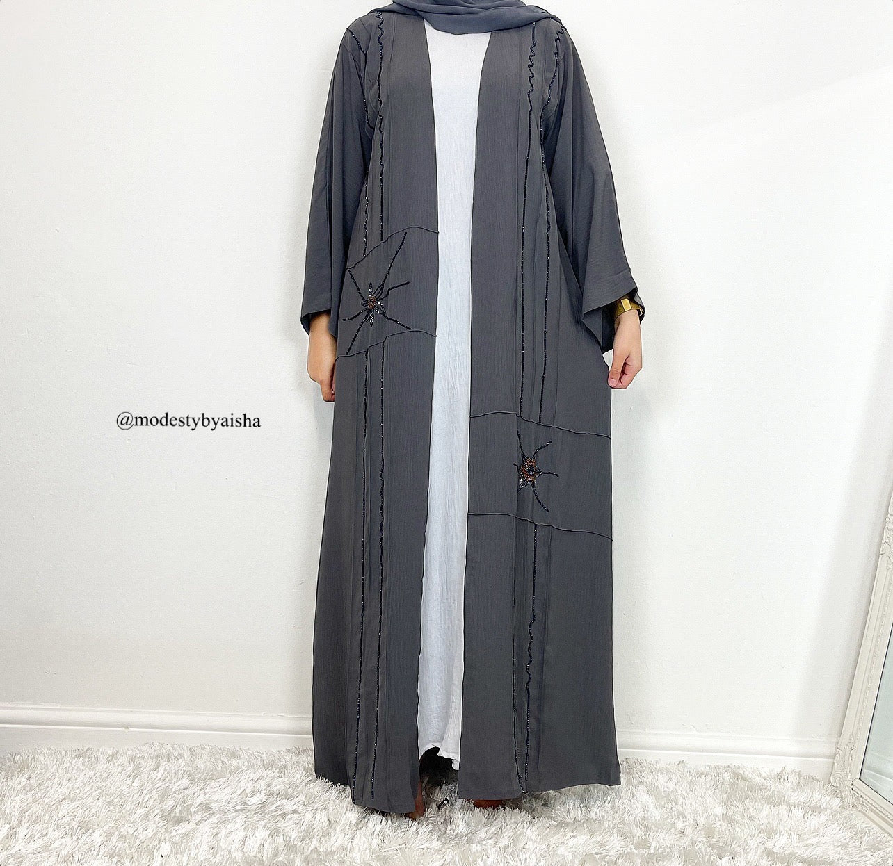 Soha Embellished Abaya -3 Piece Abaya Set - Grey