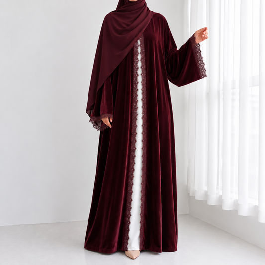 Velvet Lace Open Abaya & Hijab Set