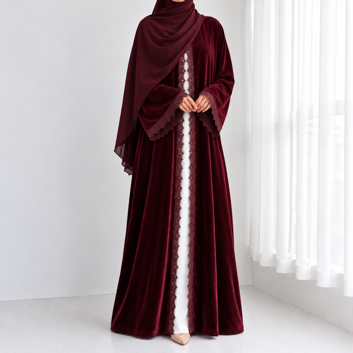 Velvet Lace Open Abaya & Hijab Set