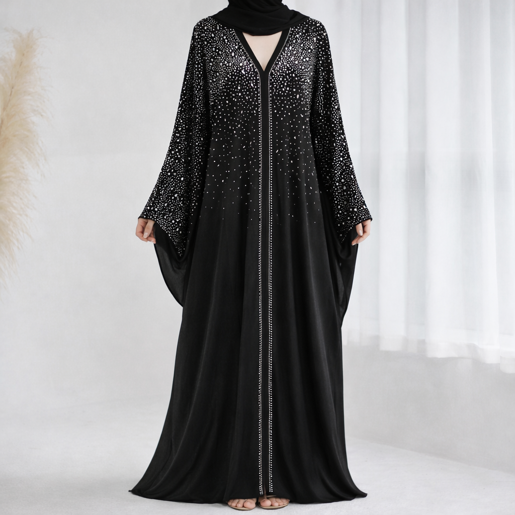 Embellished Velvet Kaftan Abaya - Black