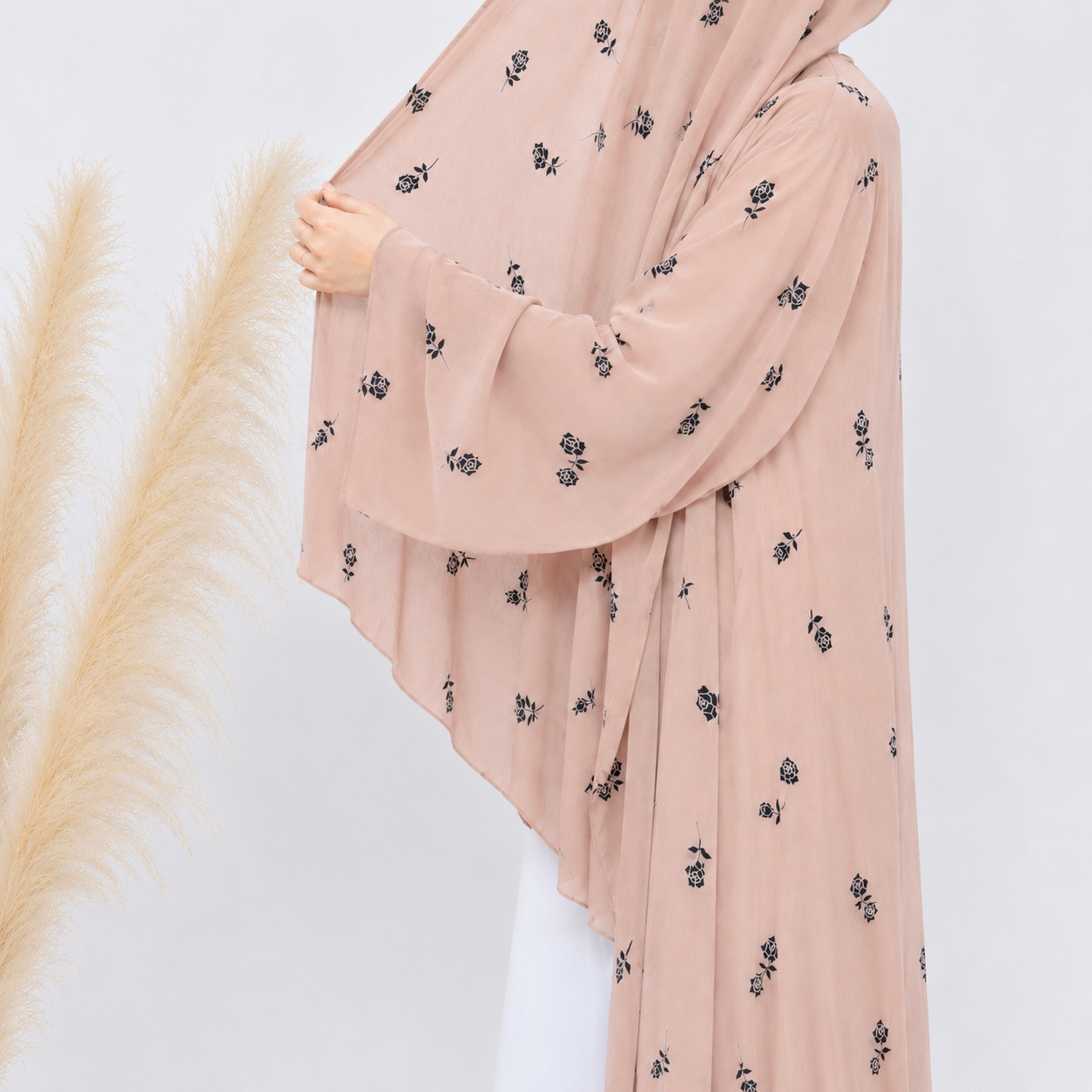 Soft Blush Printed Abaya & Hijab Set