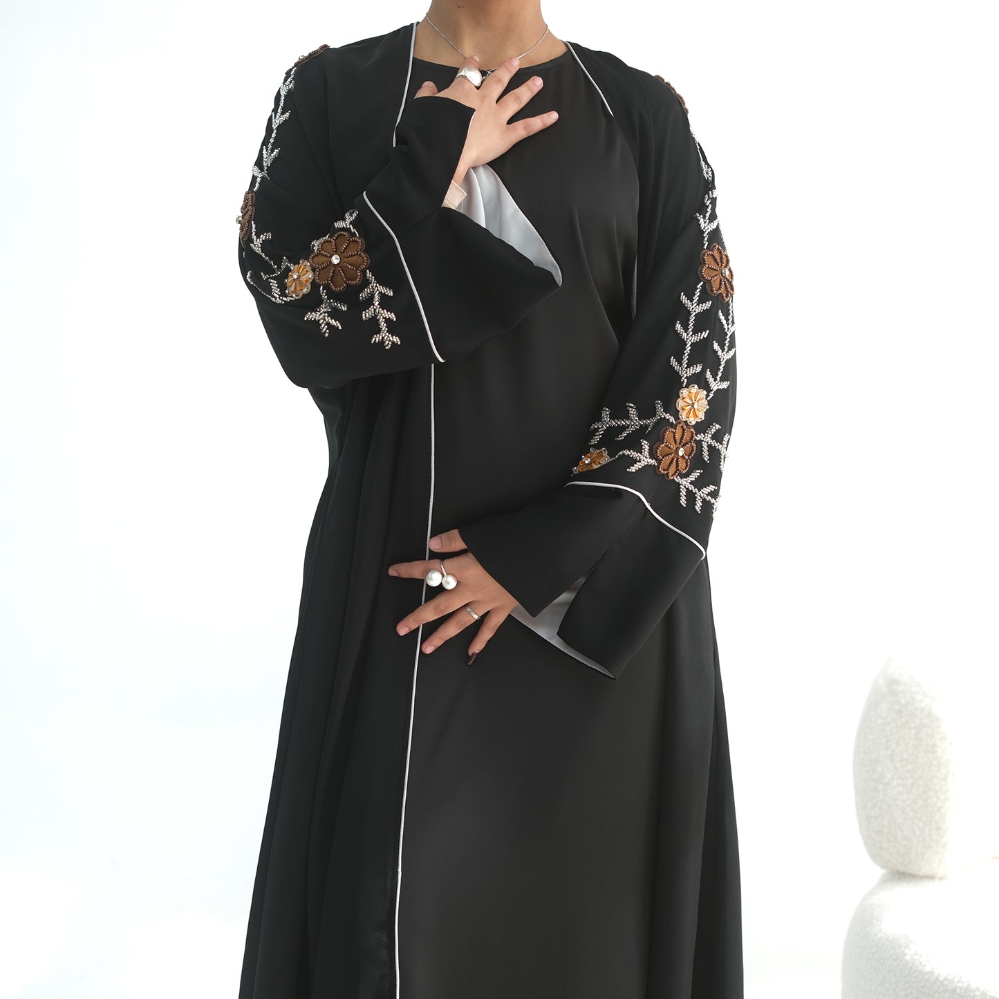 Sawdah Hand-Beaded Embroidery Open Abaya - 2 Colours