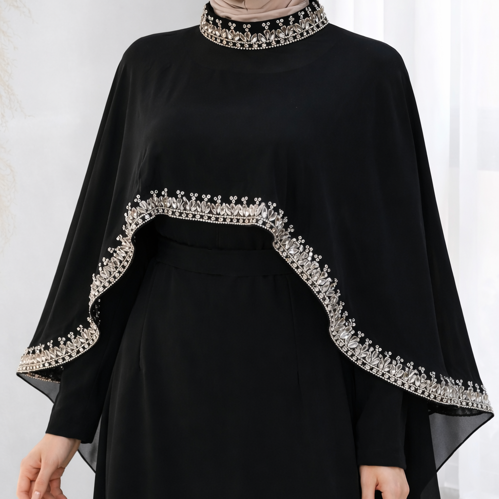 Asma Embellished Cape Dress - Black