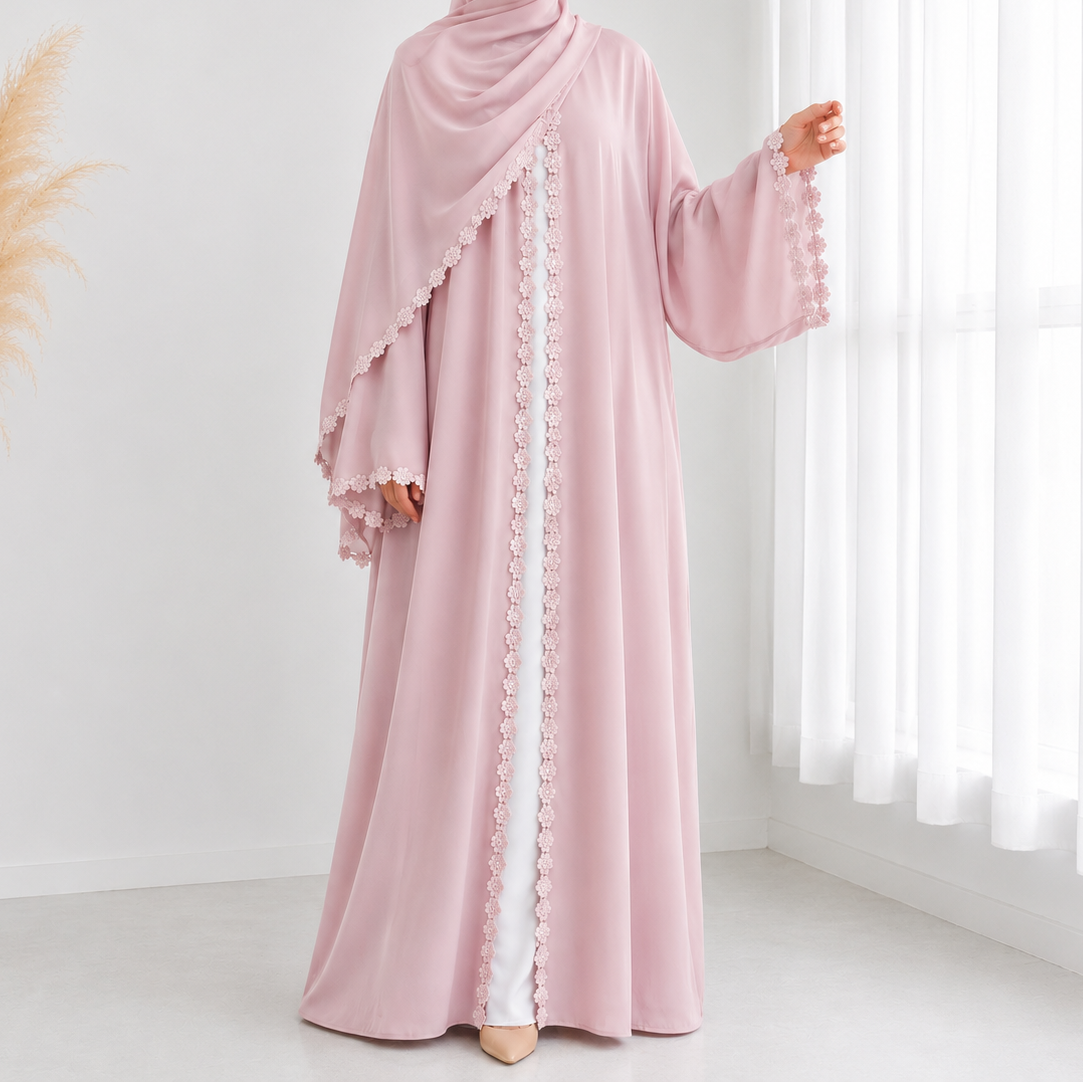 Floral Lace Abaya & Hijab Set - 3 Colours
