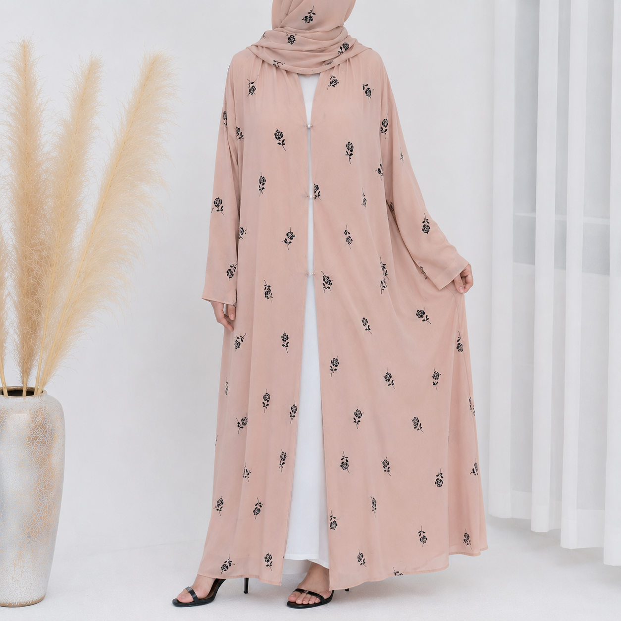 Soft Blush Printed Abaya & Hijab Set