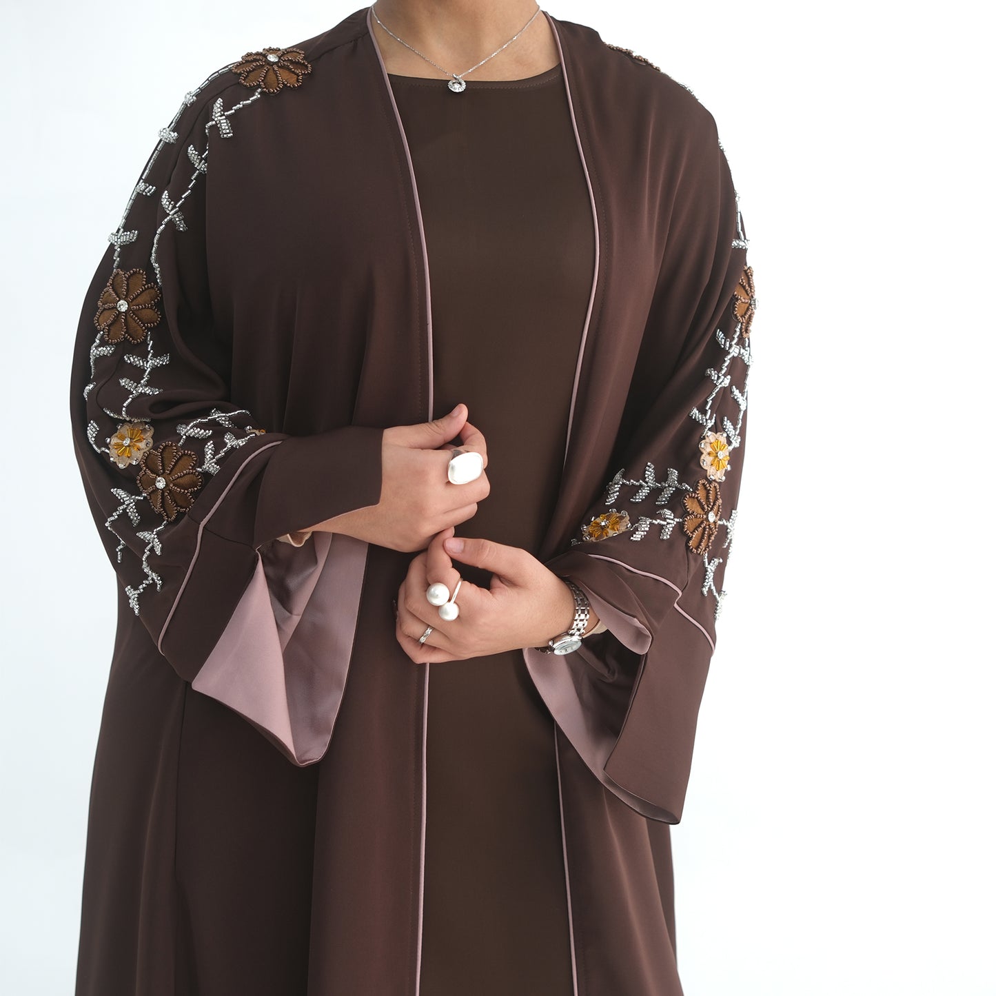 Sawdah Hand-Beaded Embroidery Open Abaya - 2 Colours