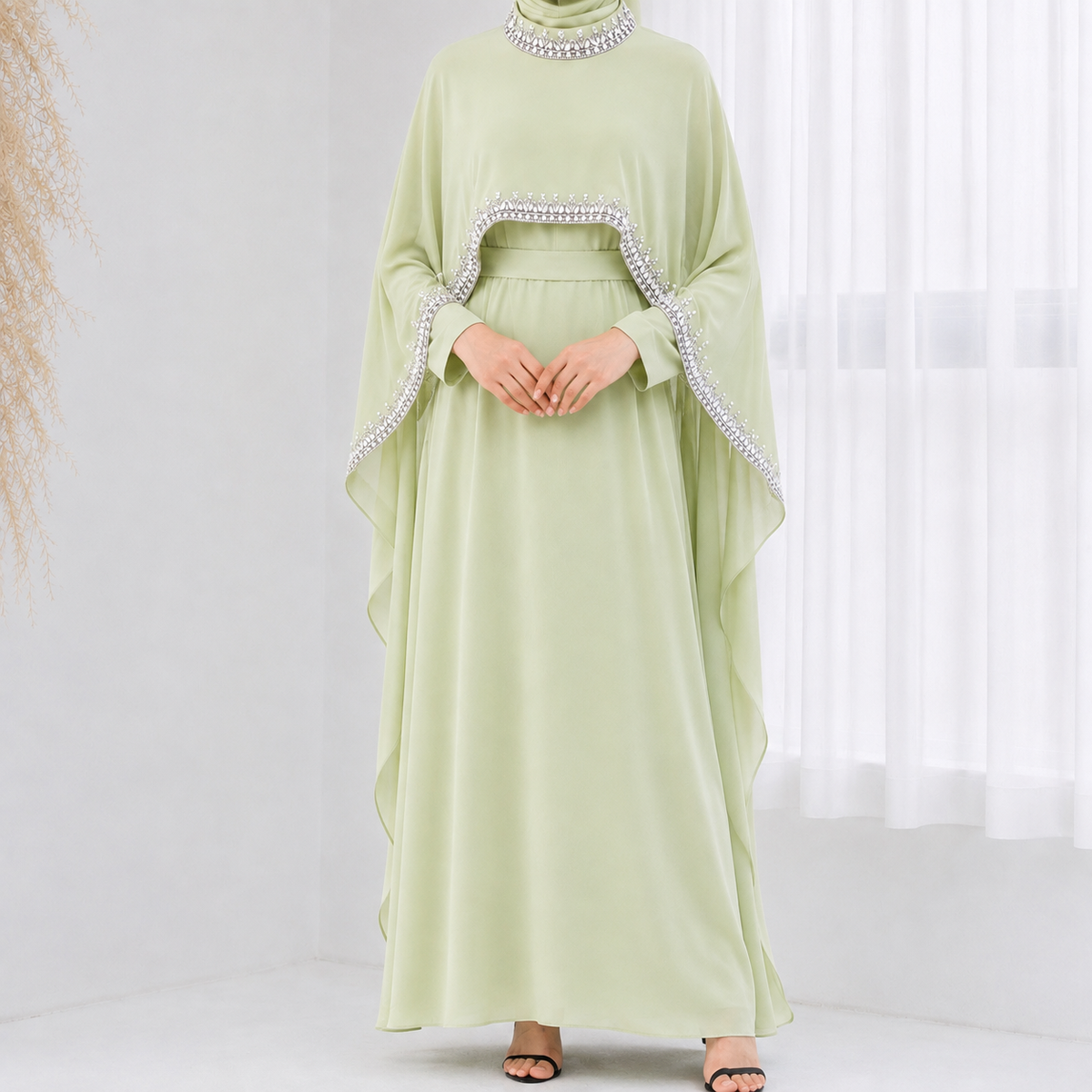 Asma Embellished Cape Dress