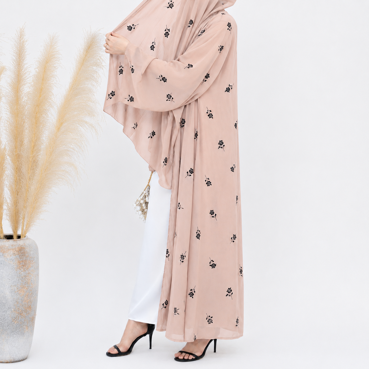 Soft Blush Printed Abaya & Hijab Set