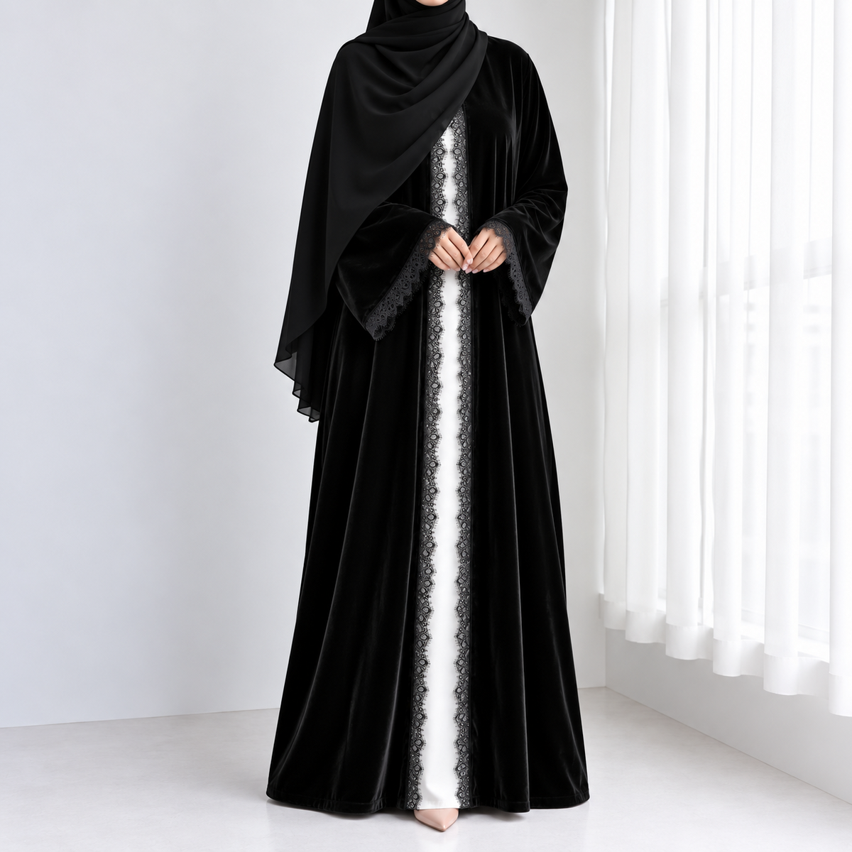 Velvet Lace Open Abaya & Hijab Set