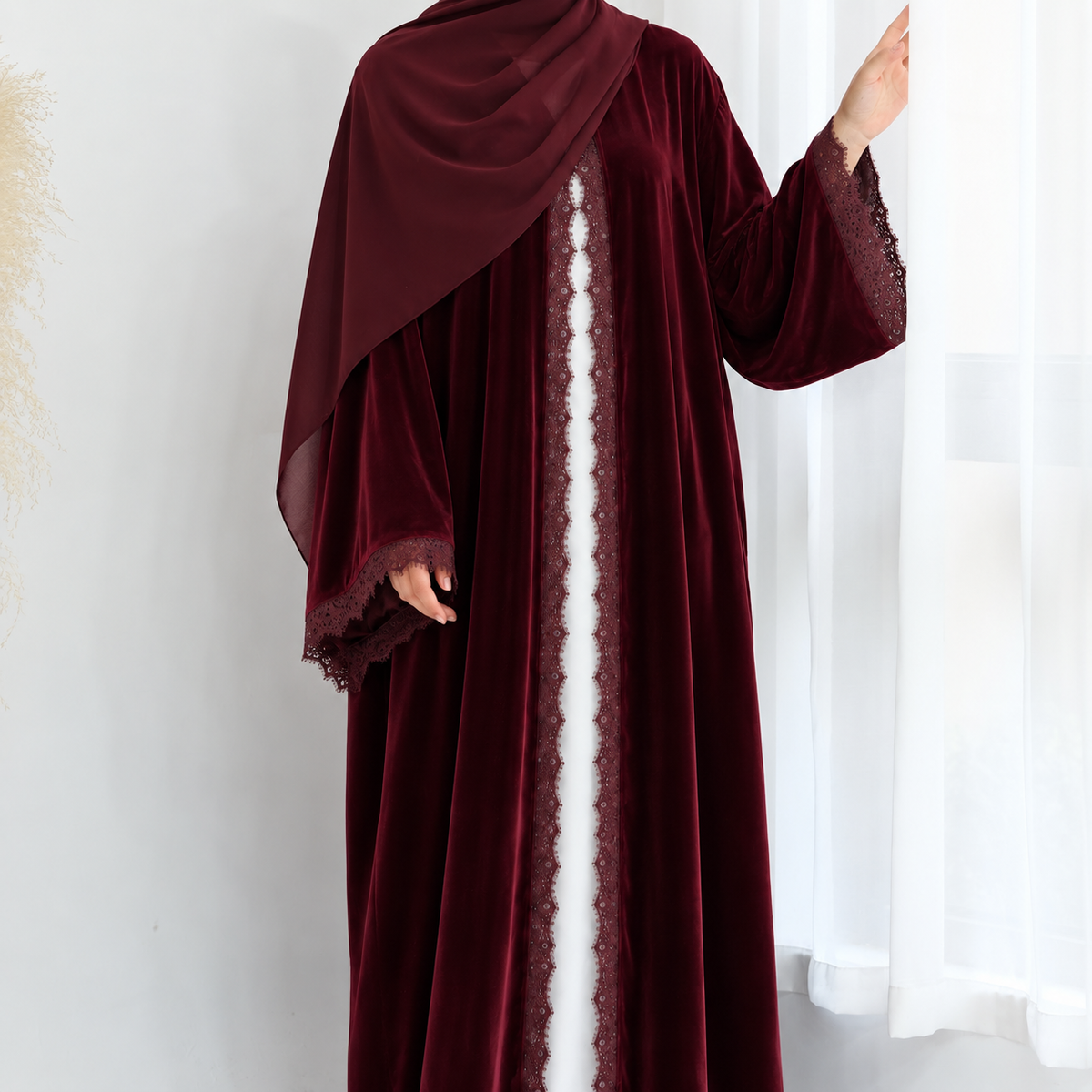 Velvet Lace Open Abaya & Hijab Set
