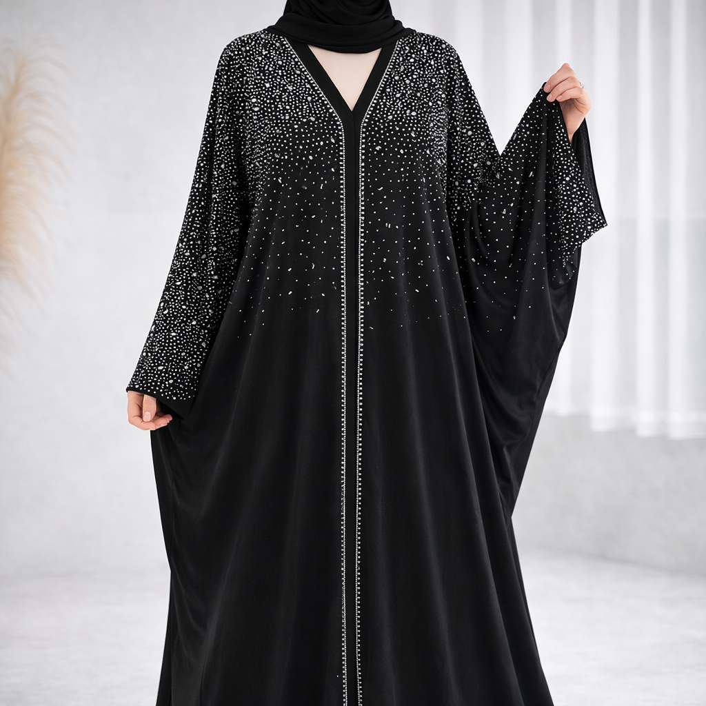 Embellished Velvet Kaftan Abaya - Black