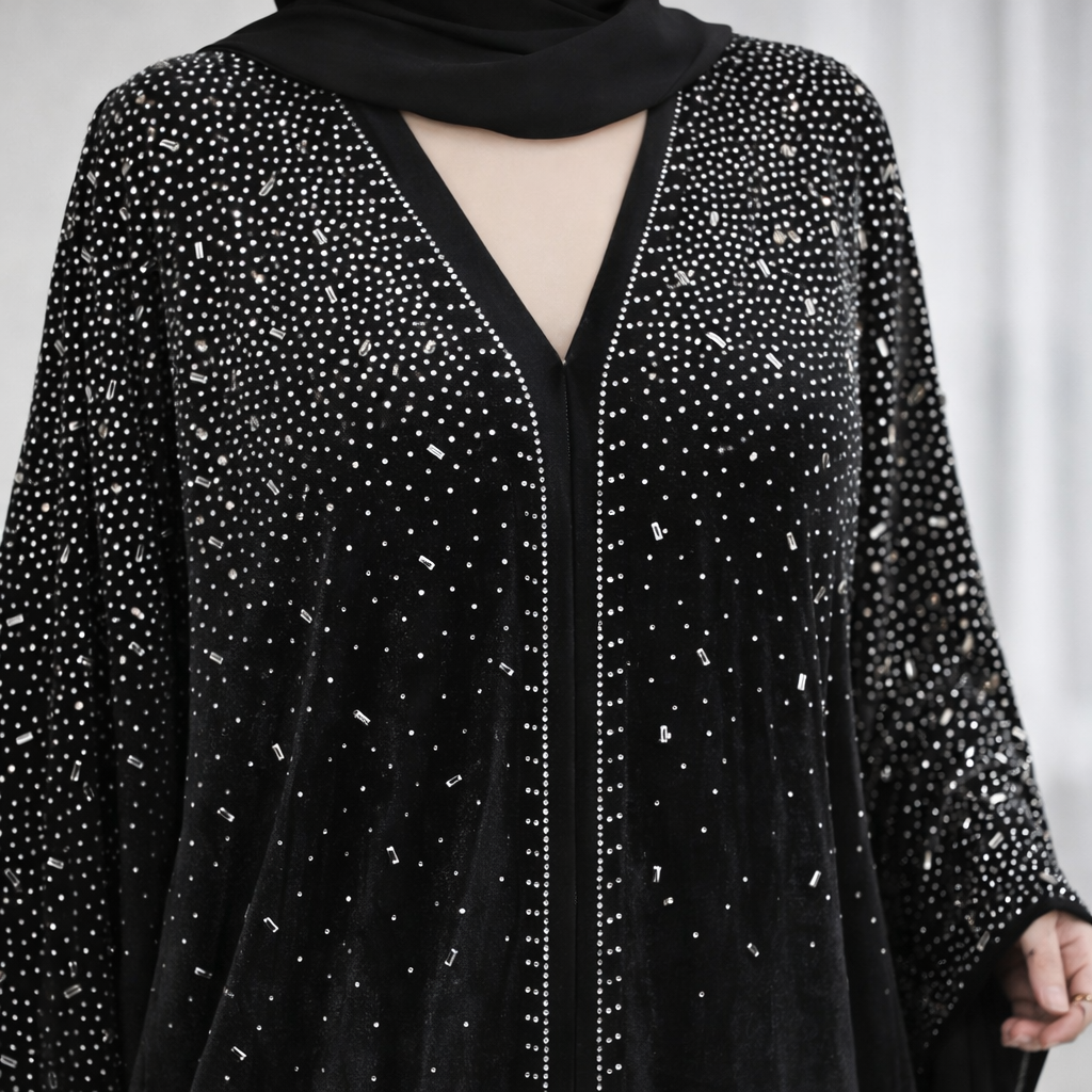 Embellished Velvet Kaftan Abaya - Black
