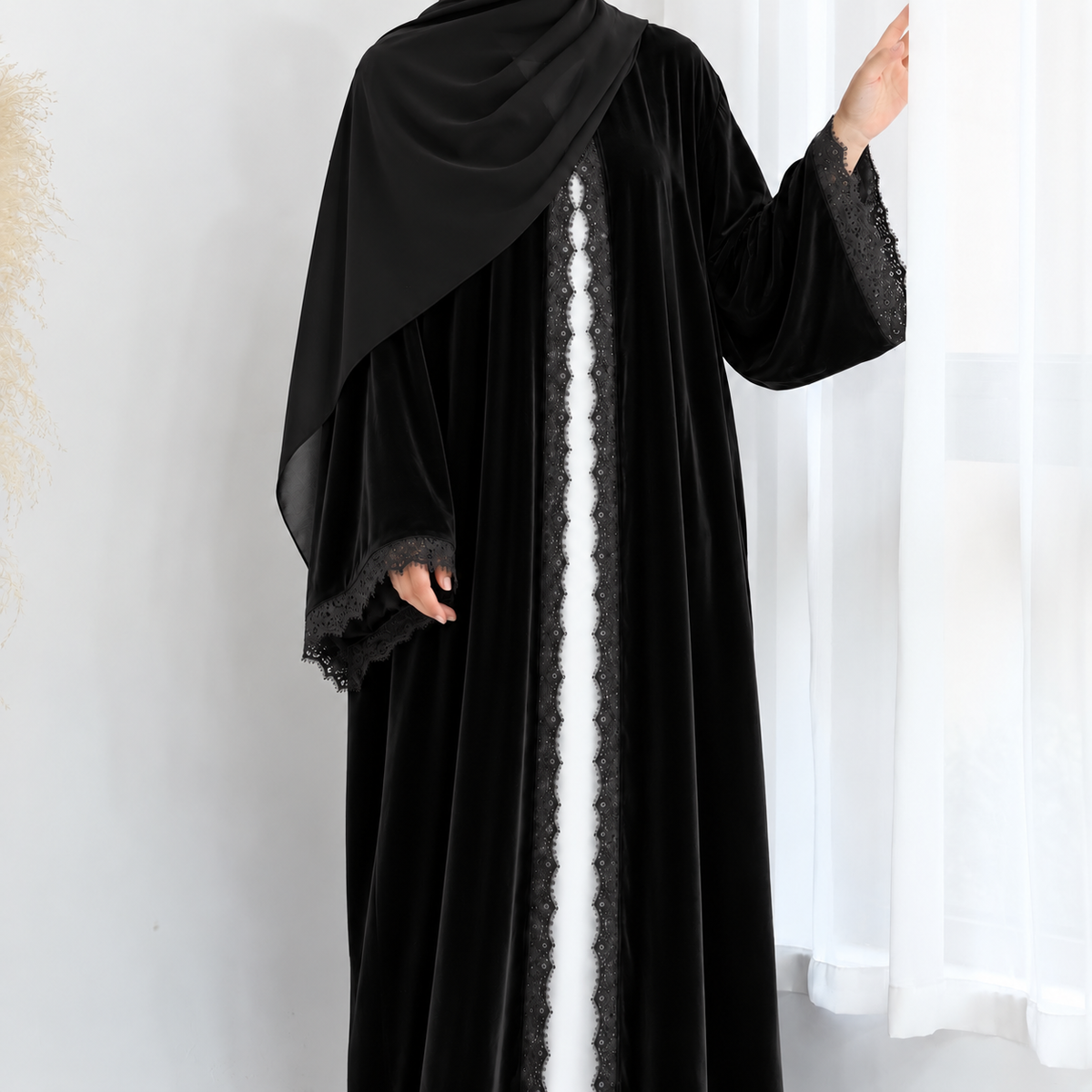 Velvet Lace Open Abaya & Hijab Set