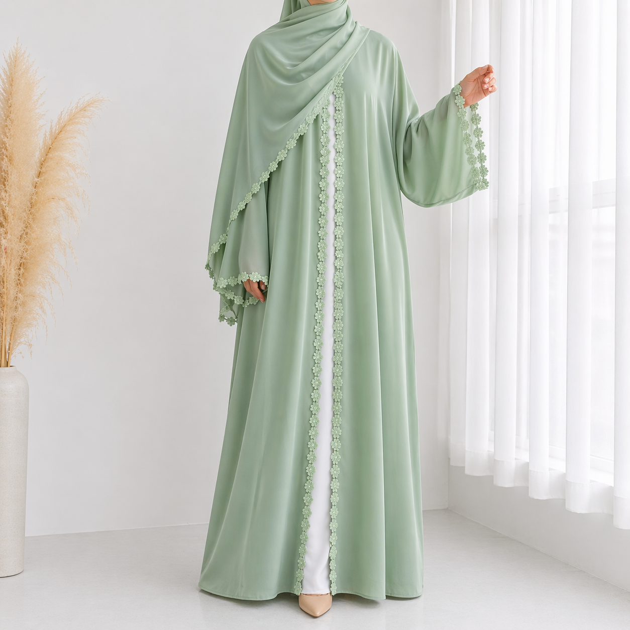 Floral Lace Abaya & Hijab Set - 2 Colours