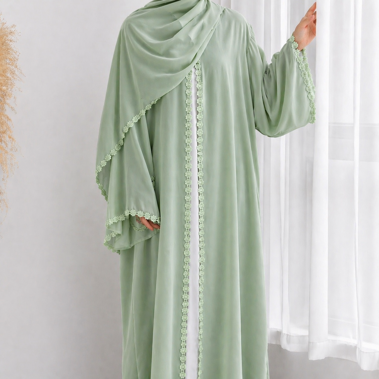 Floral Lace Abaya & Hijab Set - 2 Colours