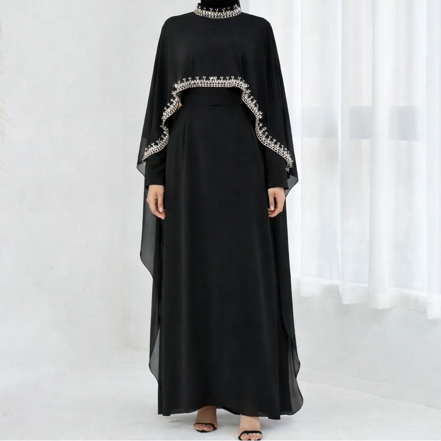 Asma Embellished Cape Dress - Black