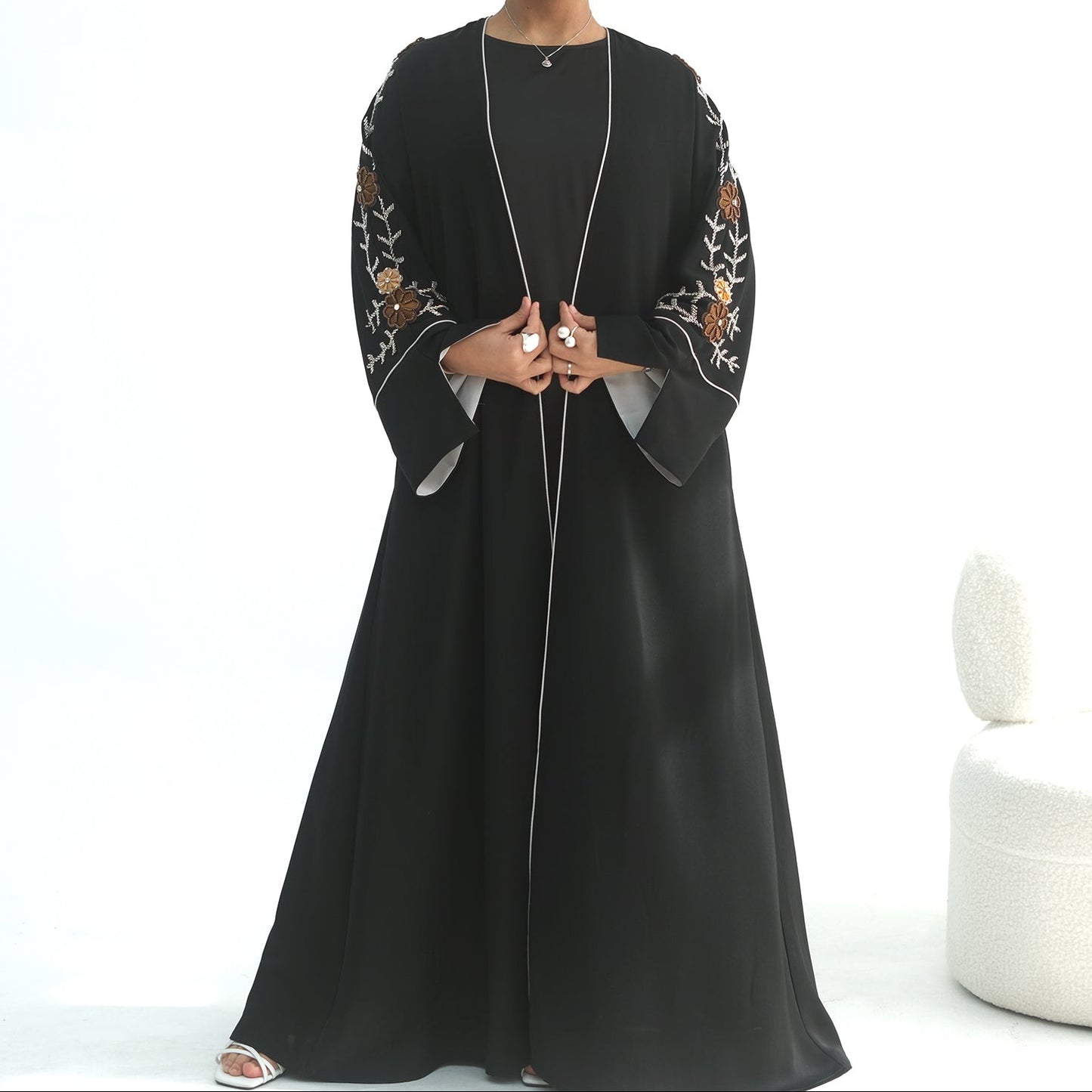 Sawdah Hand-Beaded Embroidery Open Abaya - 2 Colours