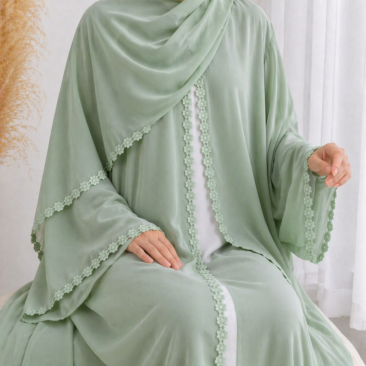 Floral Lace Abaya & Hijab Set - 2 Colours