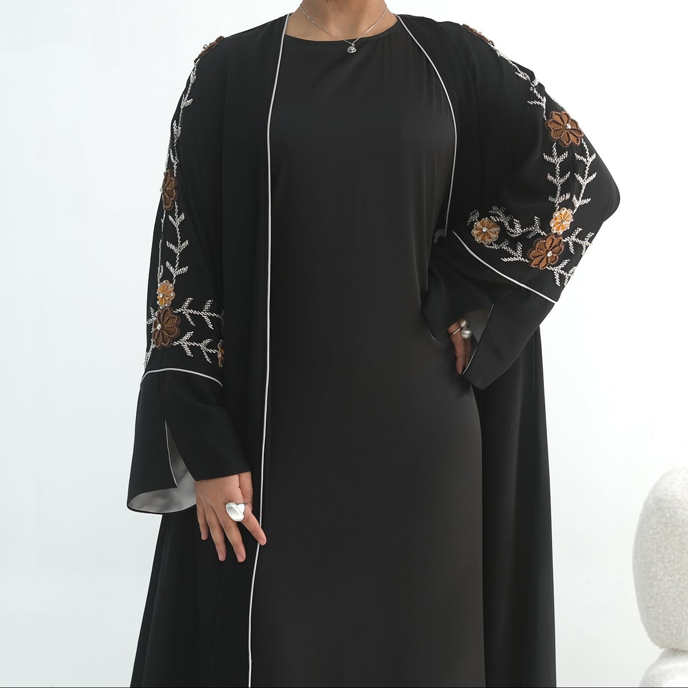 Sawdah Hand-Beaded Embroidery Open Abaya - 2 Colours