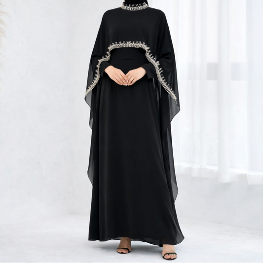 Asma Embellished Cape Dress - Black