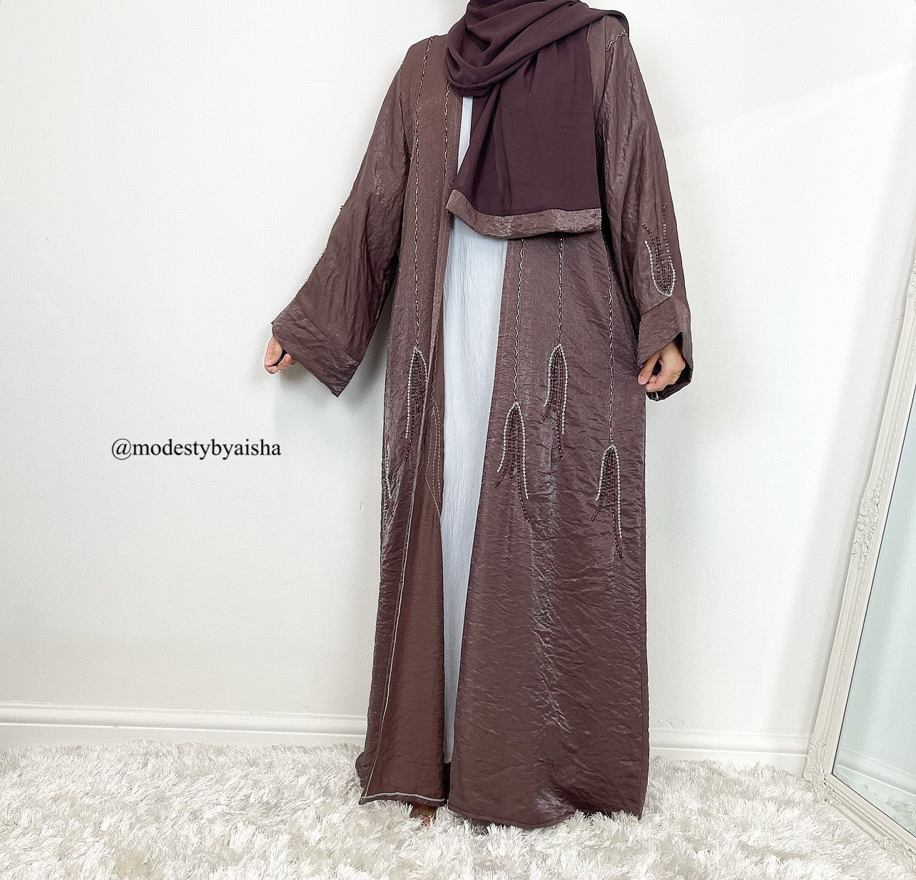 Haiza Embellished - 3 Piece Abaya Set - Deep Mauve