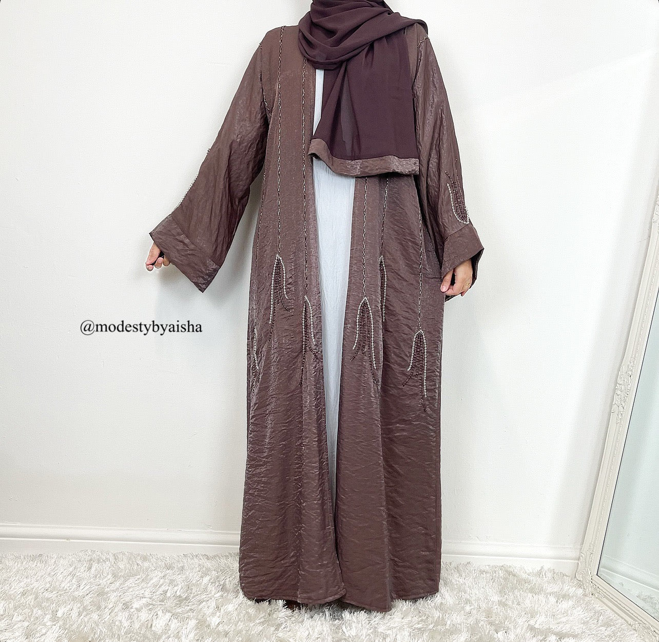 Haiza Embellished - 3 Piece Abaya Set - Deep Mauve