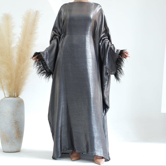 Shimmer Feather Butterfly Abaya - Grey