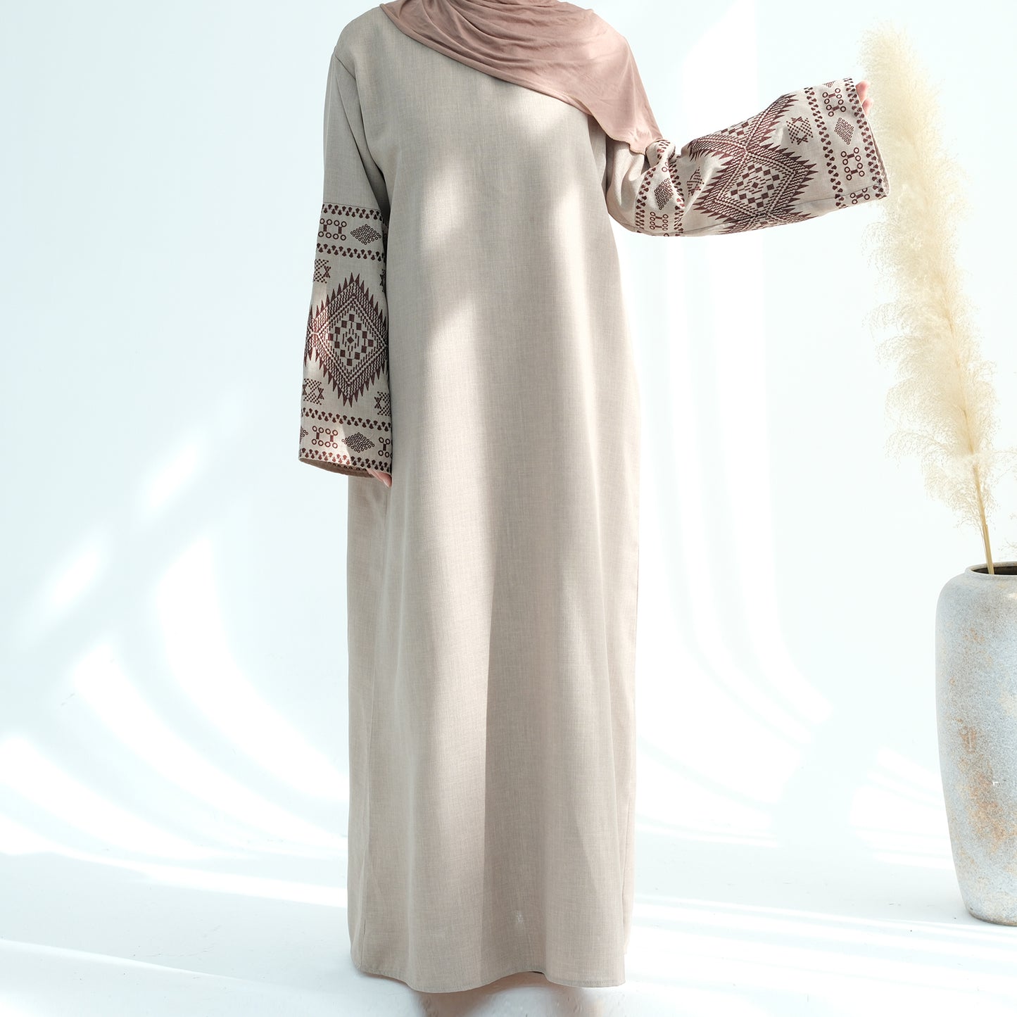 Embroidered Closed Linen Abaya - 3 Colours